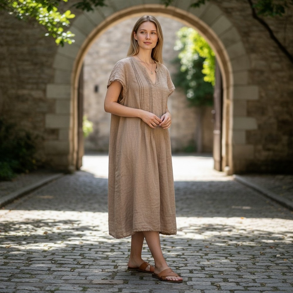 J. Jill Dress Women's 3X Tan Love Linen Short Sleeve Pintuck Midi Shift Pocket